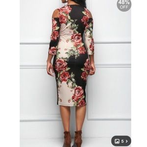 Dresses - Sleeve Cold Shoulder Flower Print Dress Dresses - Sleeve Cold Shoulder Flower Print Dress